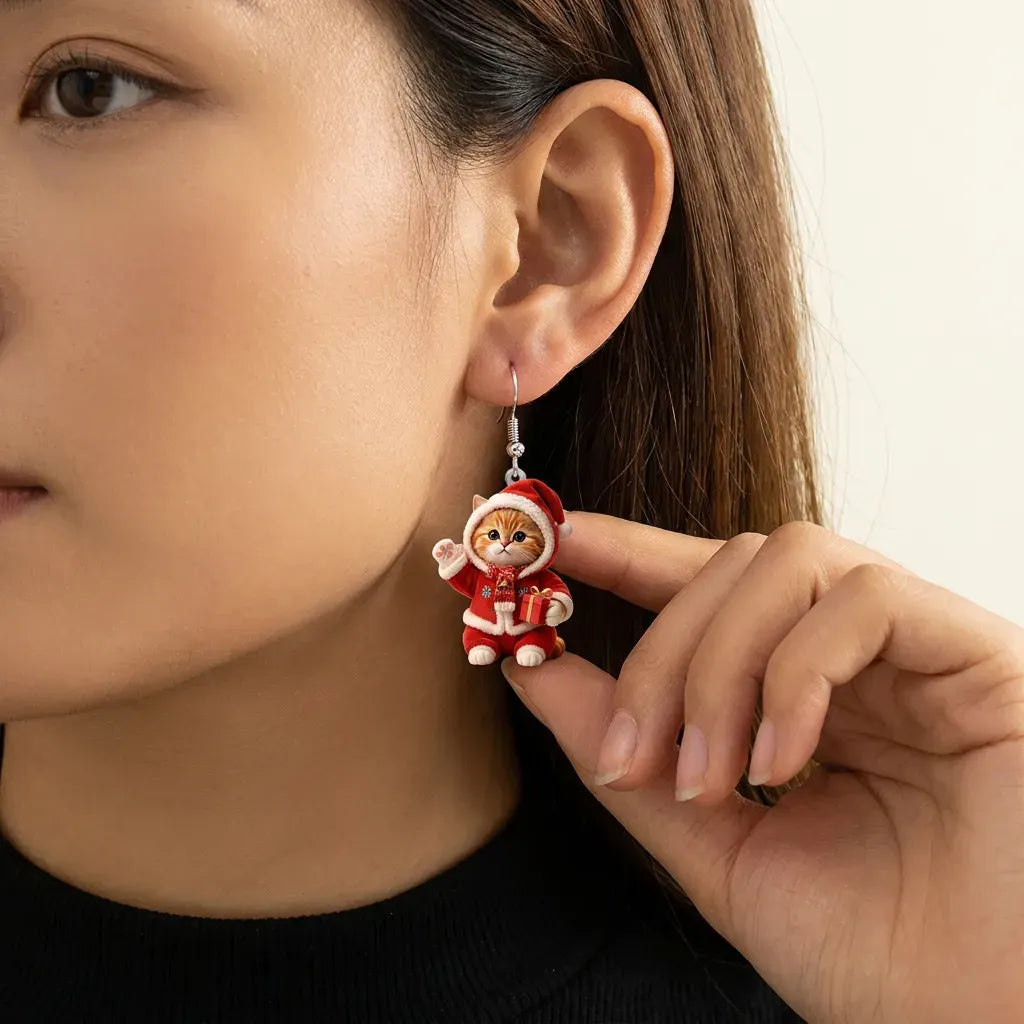Christmas Santa Suit Cat Gift Dangle Earrings