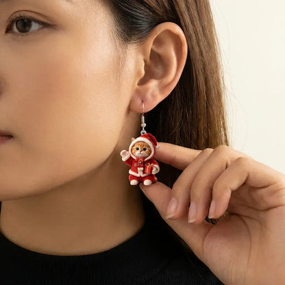 Christmas Santa Suit Cat Gift Dangle Earrings