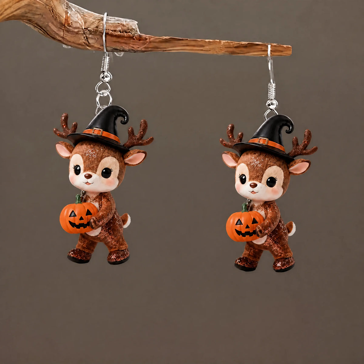 Sparkly Glitter Deer Witch Hat Holding Pumpkin Halloween Earrings