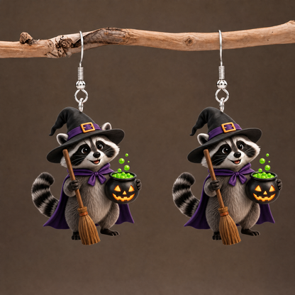 Witch Raccoon Magic Cauldron Halloween Earrings