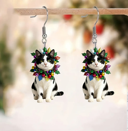 Christmas Black And White Cat Earrings