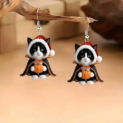 Tuxedo Cat Santa Witch Cape Pumpkin Halloween Acrylic Earrings