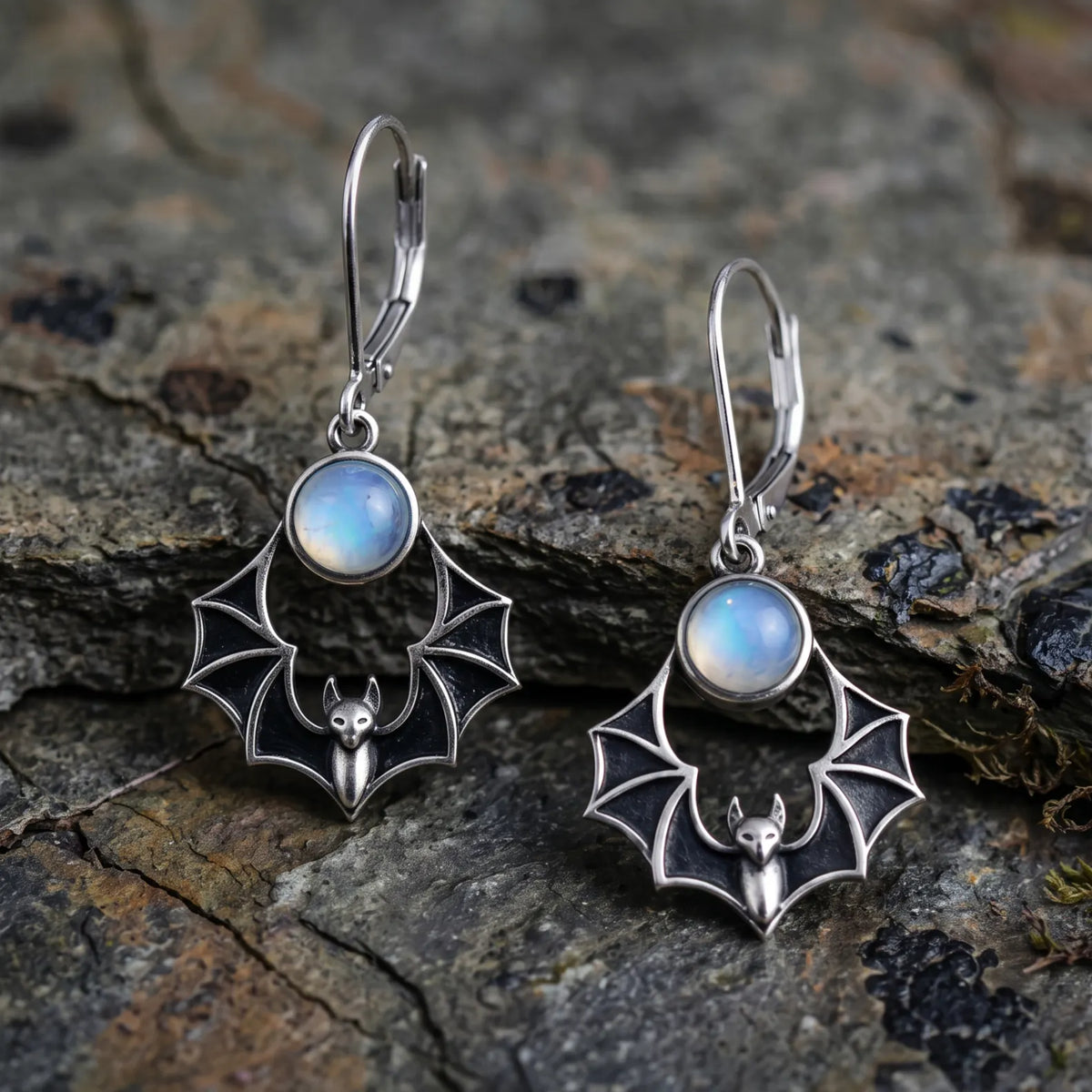 Vintage Gothic Bat Moonstone Drop Earrings
