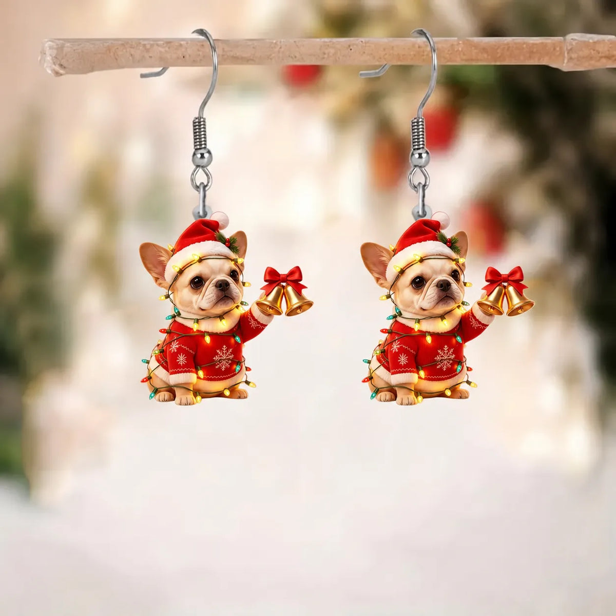 French Bulldog Christmas Bells Dangle Earrings