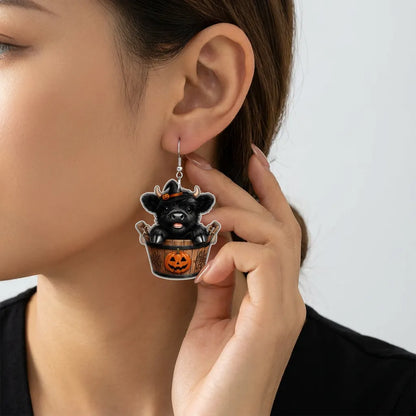 Black Highland Cow Wooden Bucket Pumpkin Witch Earrings