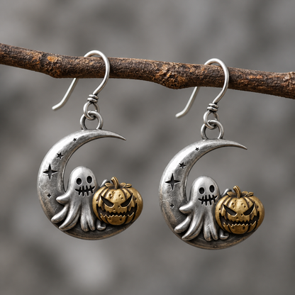 Vintage Crescent Moon Ghost Jack O Lantern Dangle Earrings
