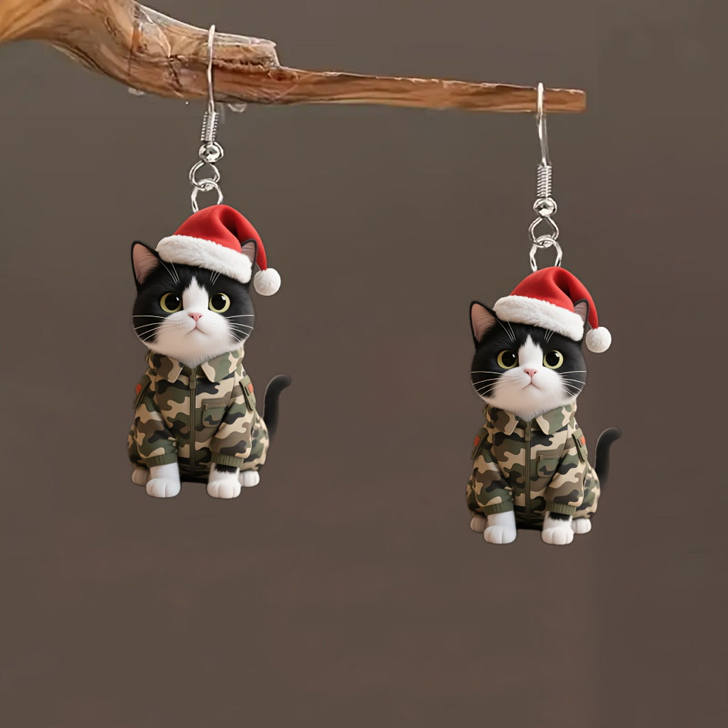 Christmas Wearing Camouflage Clothing Cat with Santa Hats Earrings