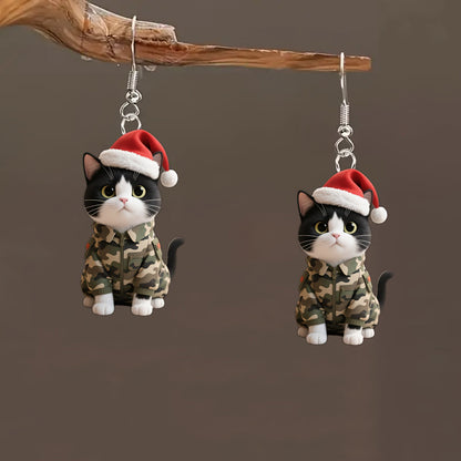 Christmas Wearing Camouflage Clothing Cat with Santa Hats Earrings