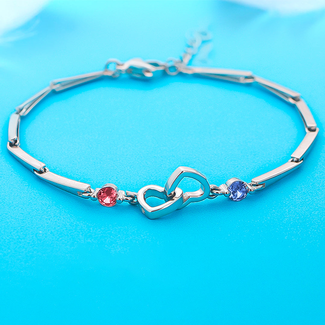 S925 Mother & Daughter Birthstone Custom Double Diamond Double Heart Bracelet