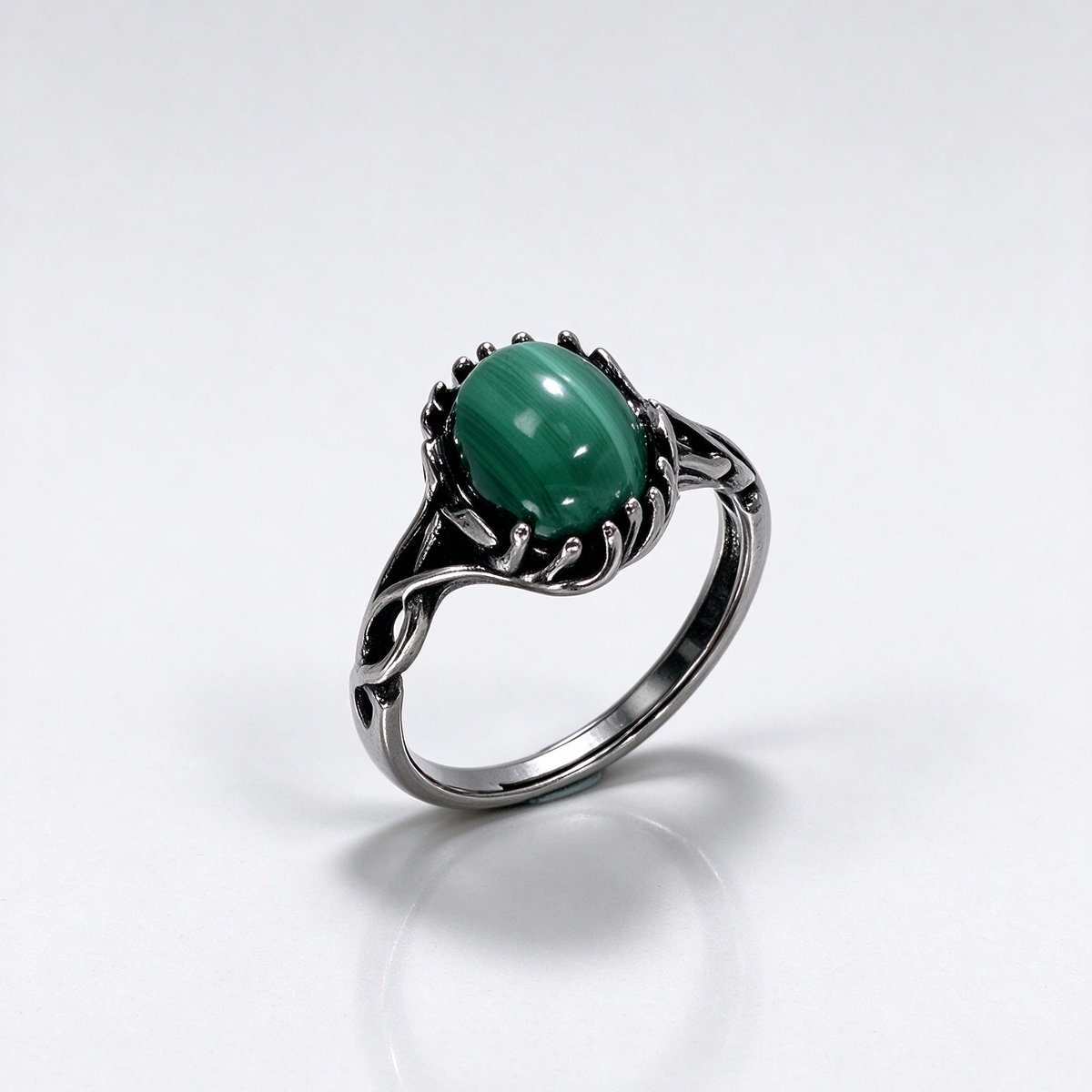 Vintage Twisted Band Malachite Healing Ring, S925 Adjustable Open Ring