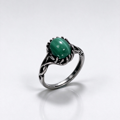 Vintage Twisted Band Malachite Healing Ring, S925 Adjustable Open Ring