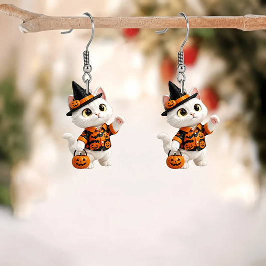 White Cat Witch Pumpkin Print Shirt Halloween Earrings