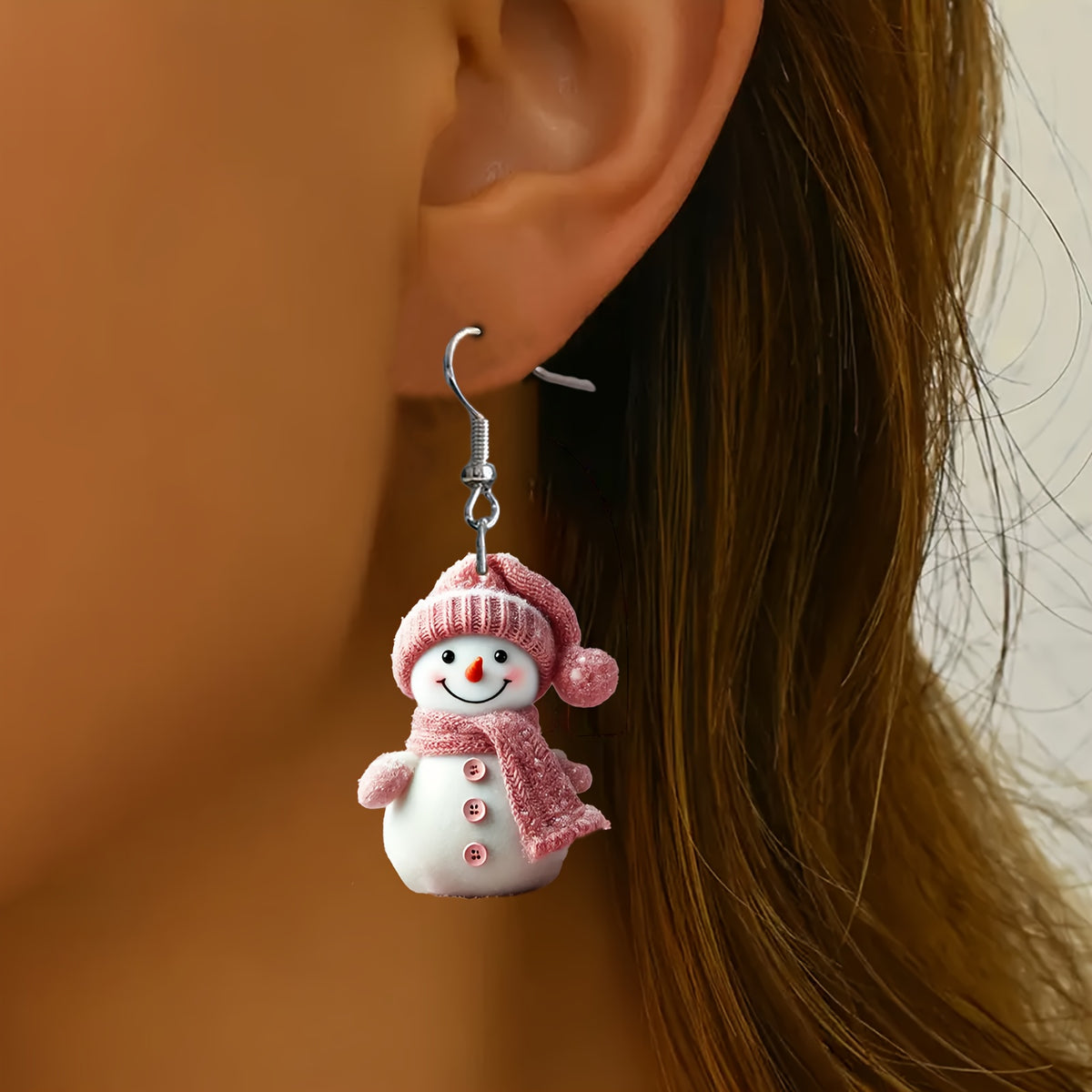 Elegant Pink AcrylicChristmas Snowman Earrings