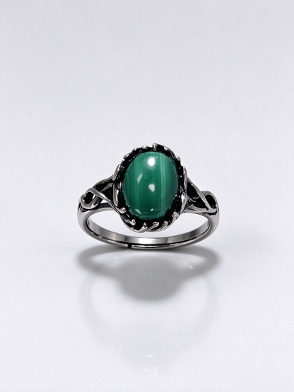 Vintage Twisted Band Malachite Healing Ring, S925 Adjustable Open Ring