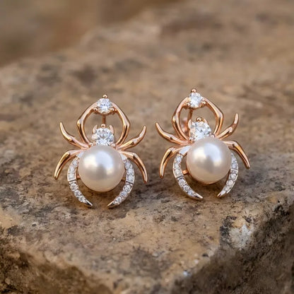 Vintage Pearl Zircon Spider Rose Gold Stud Earrings