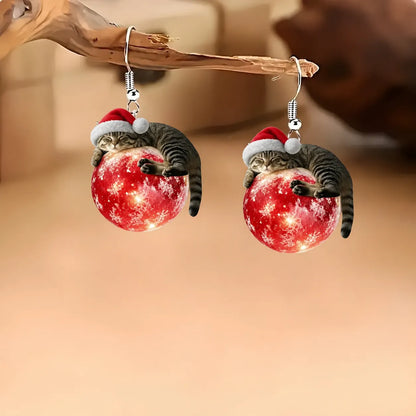 Sleepy Cat On Christmas Bauble Dangle Earrings