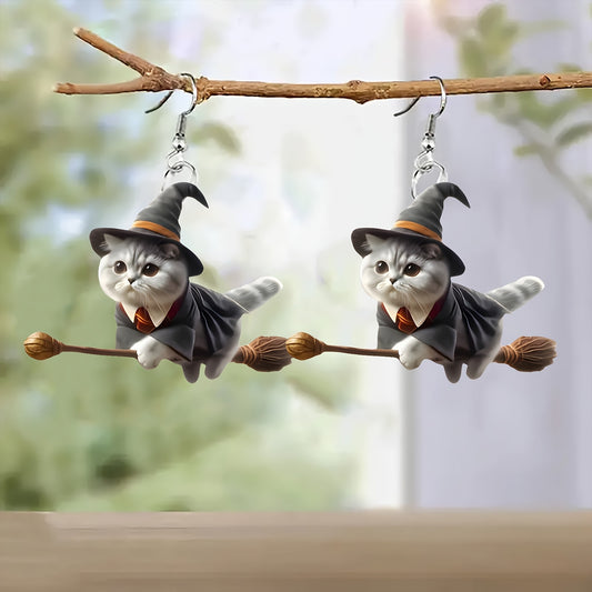 Cute Cartoon Witch Cat on Broom Acrylic Earrings