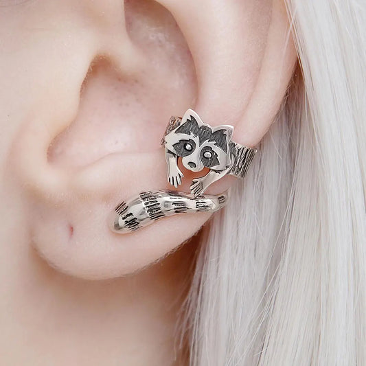 S925 Vintage 3D Raccoon Ear Cuff – Non-Pierced Hugging Raccoon Wrap Earring