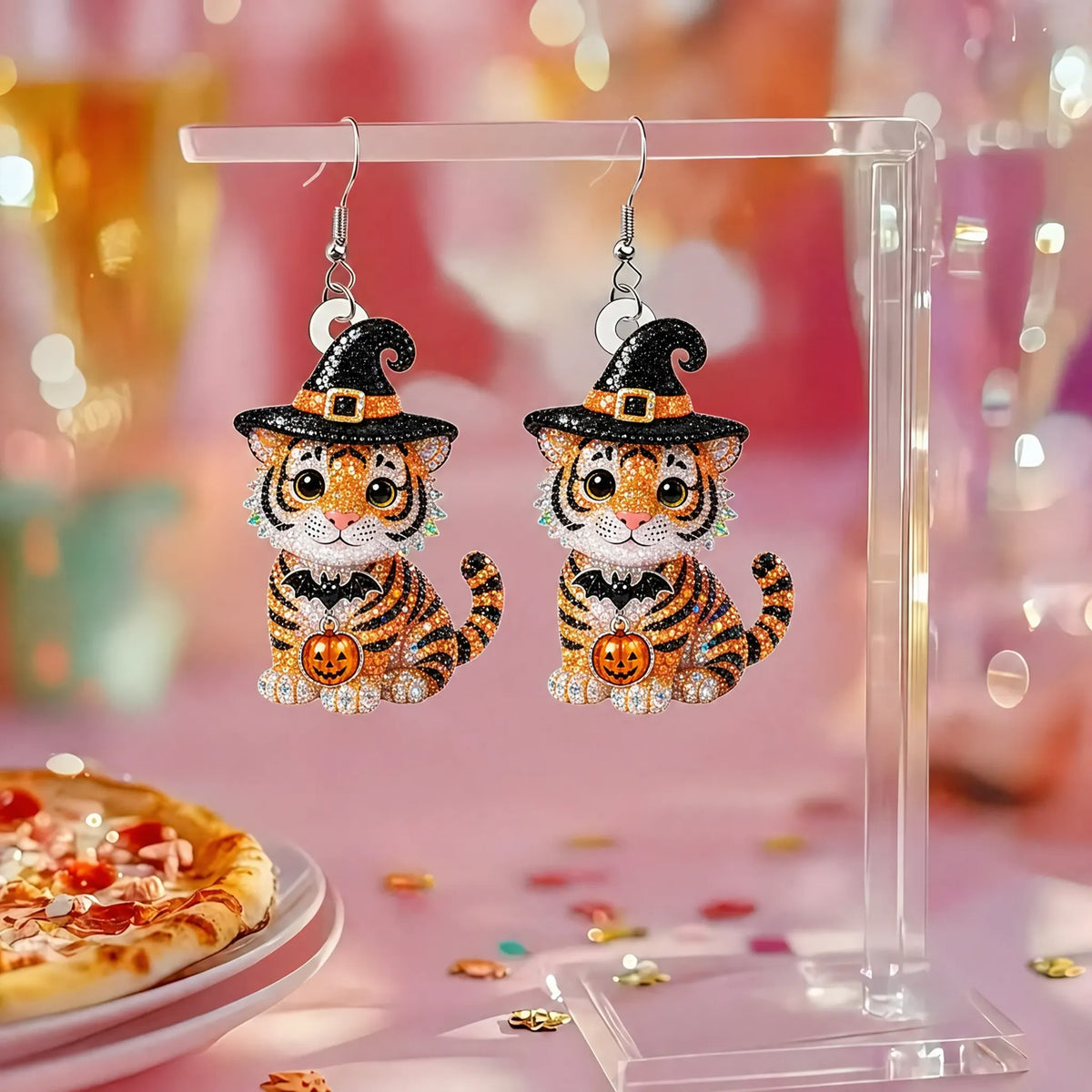 Sparkly Rhinestone Tiger Witch Hat Pumpkin Halloween Party Earrings