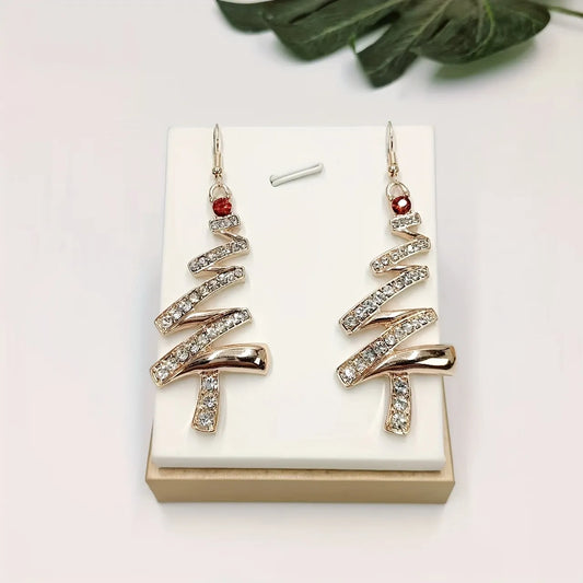 Sparkling Rhinestone Accented Christmas Tree Design Earrings