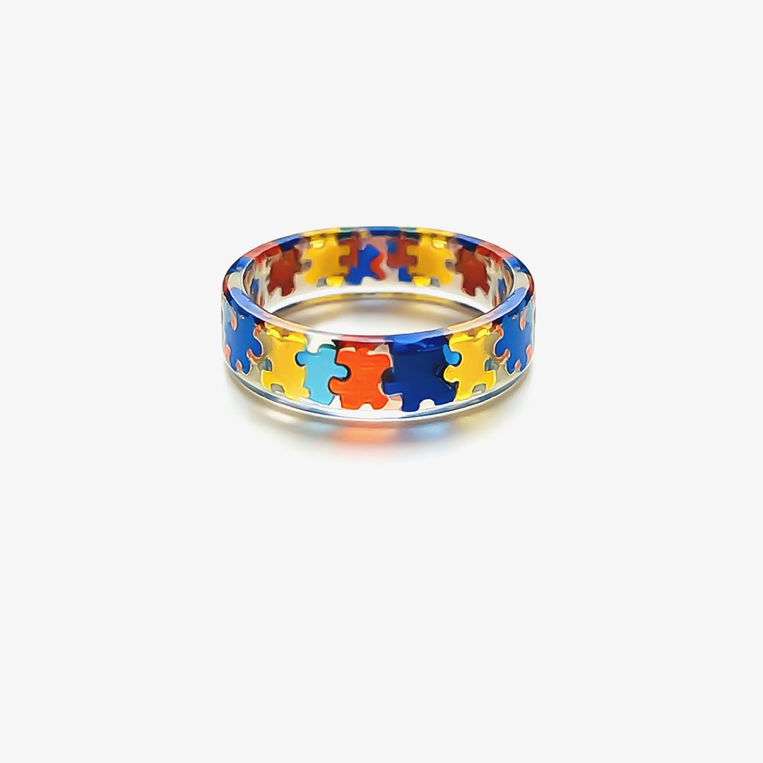 Autism Awareness-Transparent Resin Puzzle Ring - Shipped after 4 Weeks