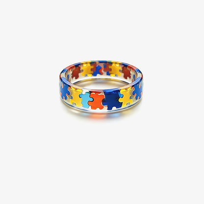 Autism Awareness-Transparent Resin Puzzle Ring - Shipped after 4 Weeks