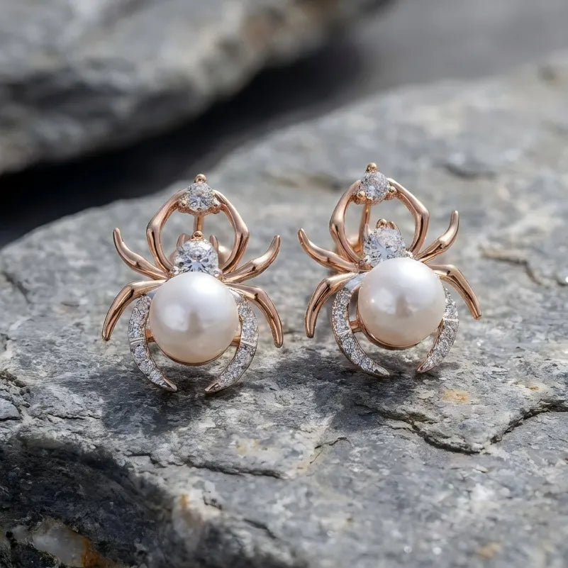 Vintage Pearl Zircon Spider Rose Gold Stud Earrings