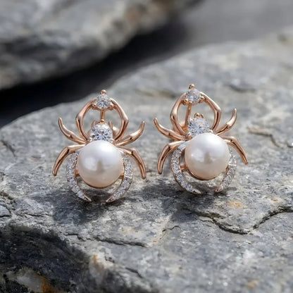 Vintage Pearl Zircon Spider Rose Gold Stud Earrings
