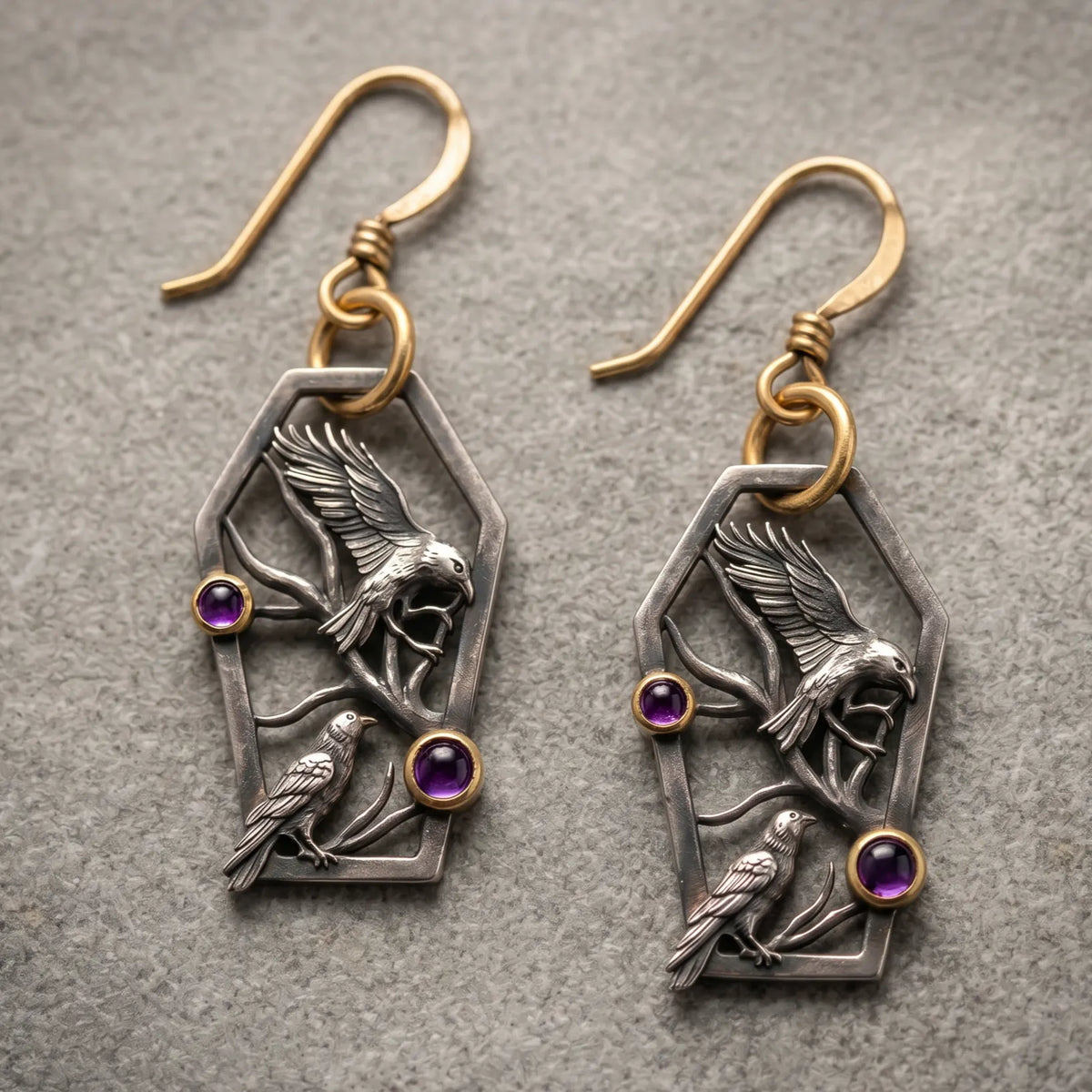 Vintage Coffin Double Raven Amethyst Drop Earrings
