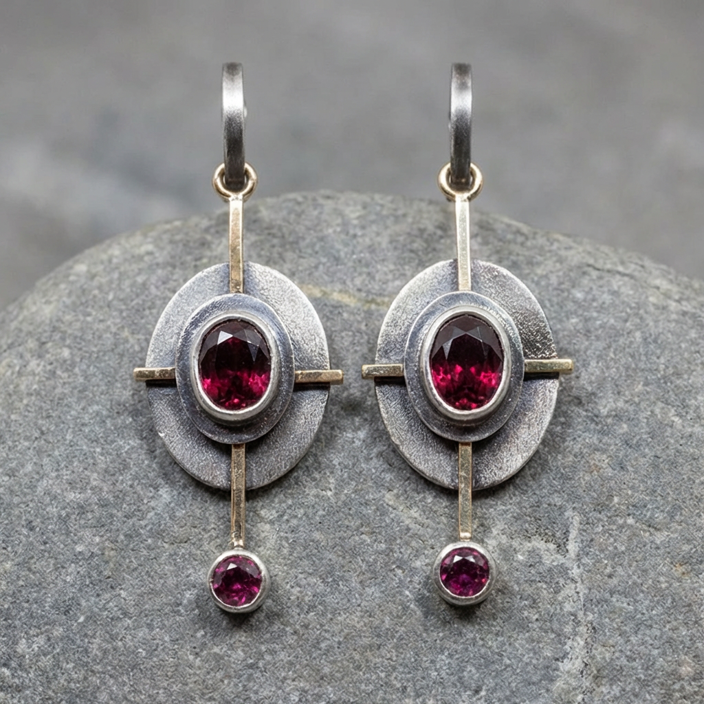 Boho Earrings with Garnet Crystal in Sterling Silver
