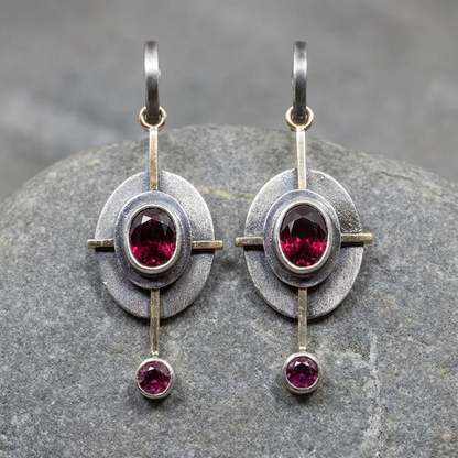 Boho Earrings with Garnet Crystal in Sterling Silver