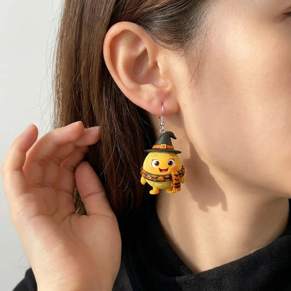Cute Melon Character Witch Hat Bat Pumpkin Scarf Halloween Earrings