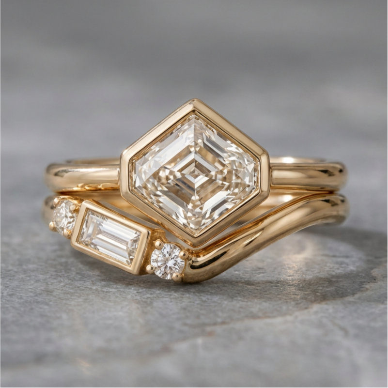 Vintage Two Piece Rhombus Moissanite Ring Set