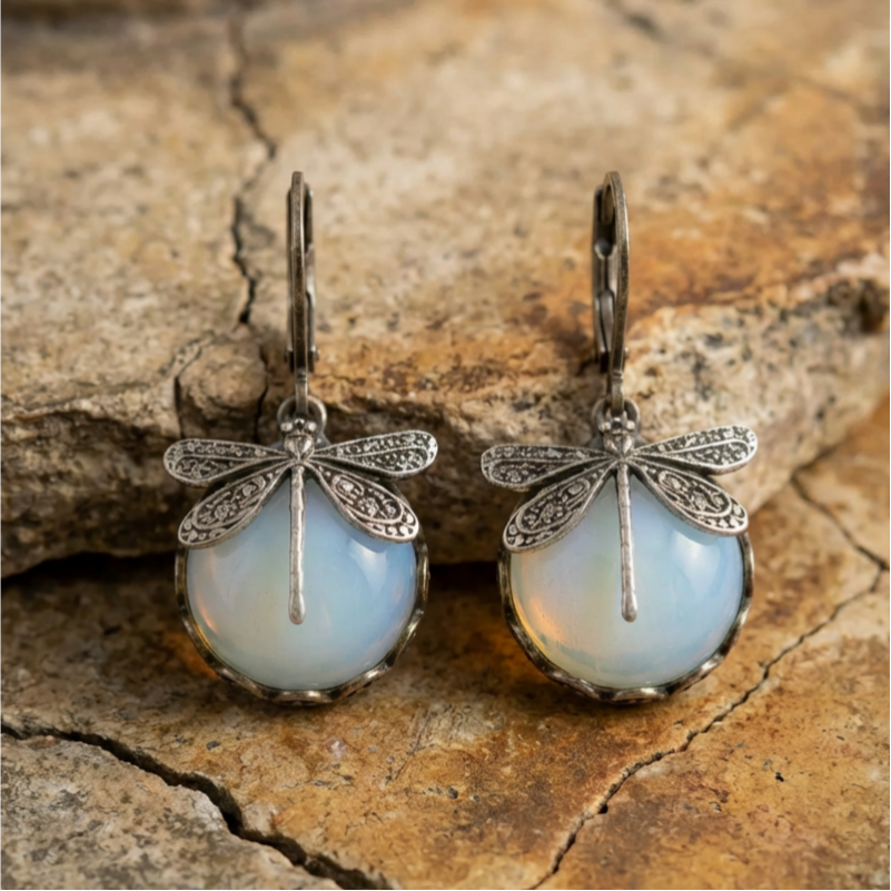 Spherical Dragonfly Earrings in Antique Gold