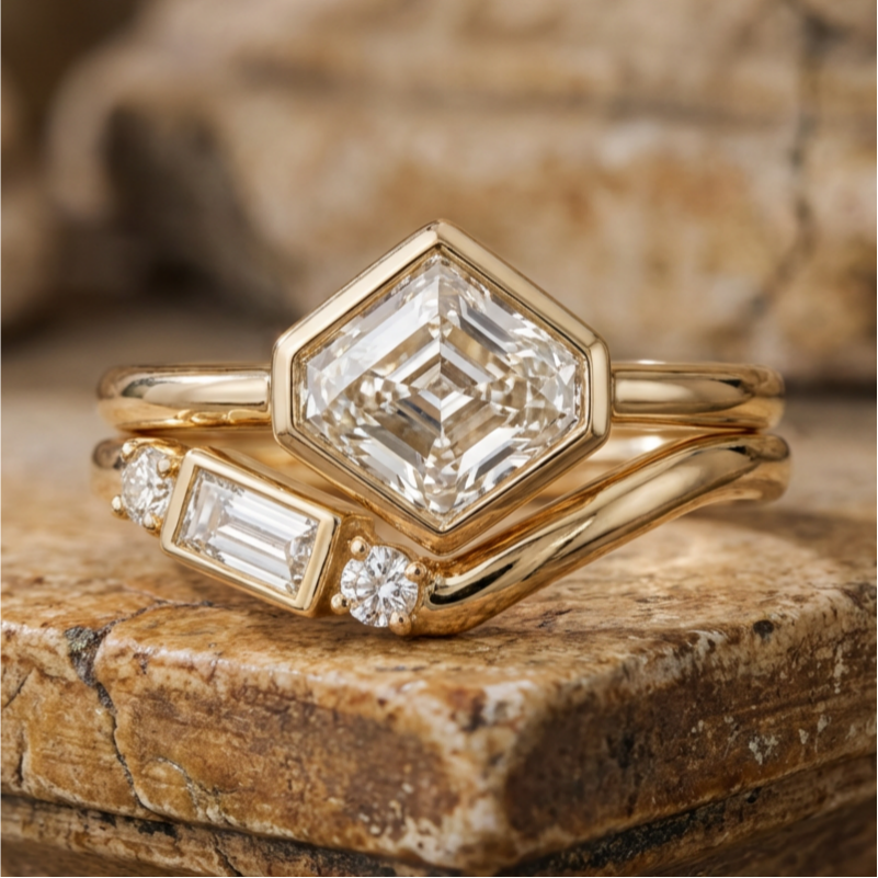 Vintage Two Piece Rhombus Moissanite Ring Set