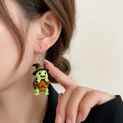 Green Turtle Witch Hat Pumpkin Bat Hoodie Halloween Party Earrings