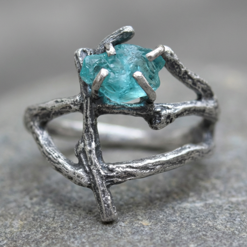 Sterling Silver Raw Gemstone Uncut Twig Ring