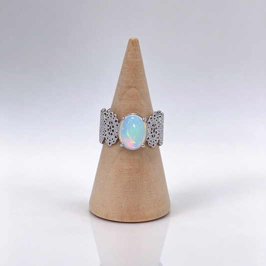 Natural Opal Butterfly Lace Ring, Vintage S925 Opal Statement Ring for Women