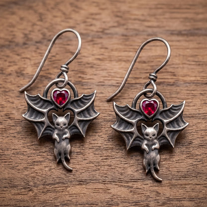 Vintage Bat Wing Cat Heart Red Gem Drop Earrings