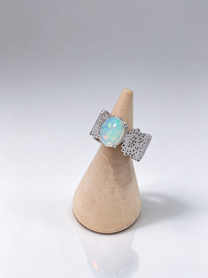 Natural Opal Butterfly Lace Ring, Vintage S925 Opal Statement Ring for Women