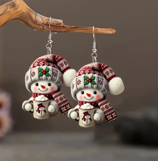 Christmas Cute Snowman Tea Earrings