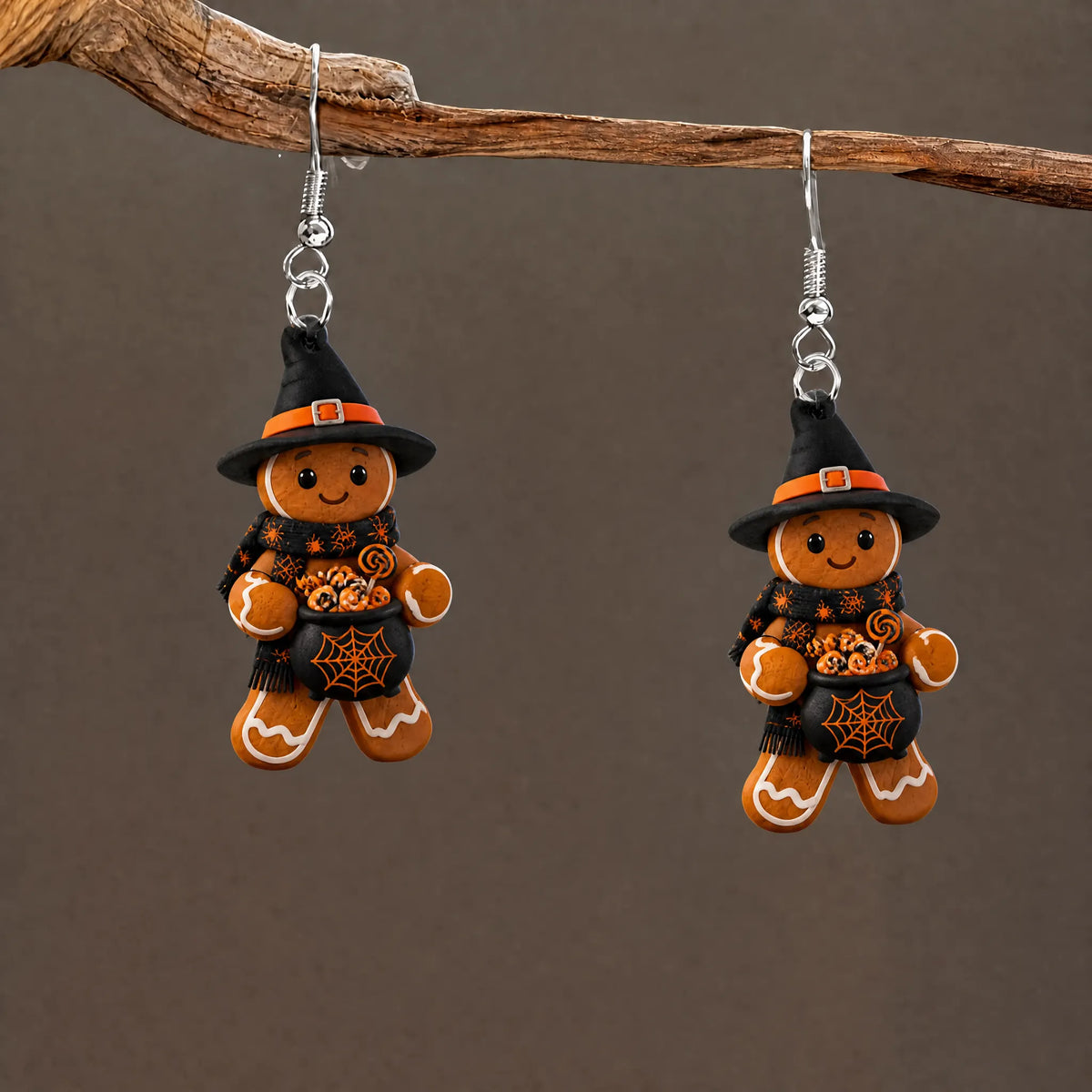 Gingerbread Man Witch Cauldron Spider Web Halloween Earrings
