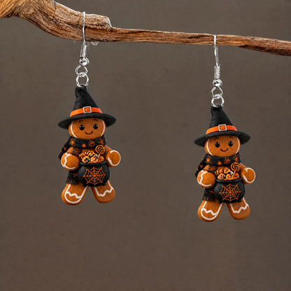 Gingerbread Man Witch Cauldron Spider Web Halloween Earrings