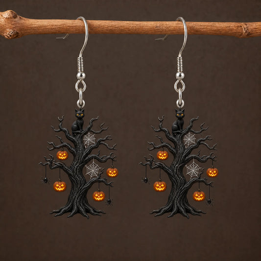 Spooky Tree Black Cat Pumpkin Halloween Earrings
