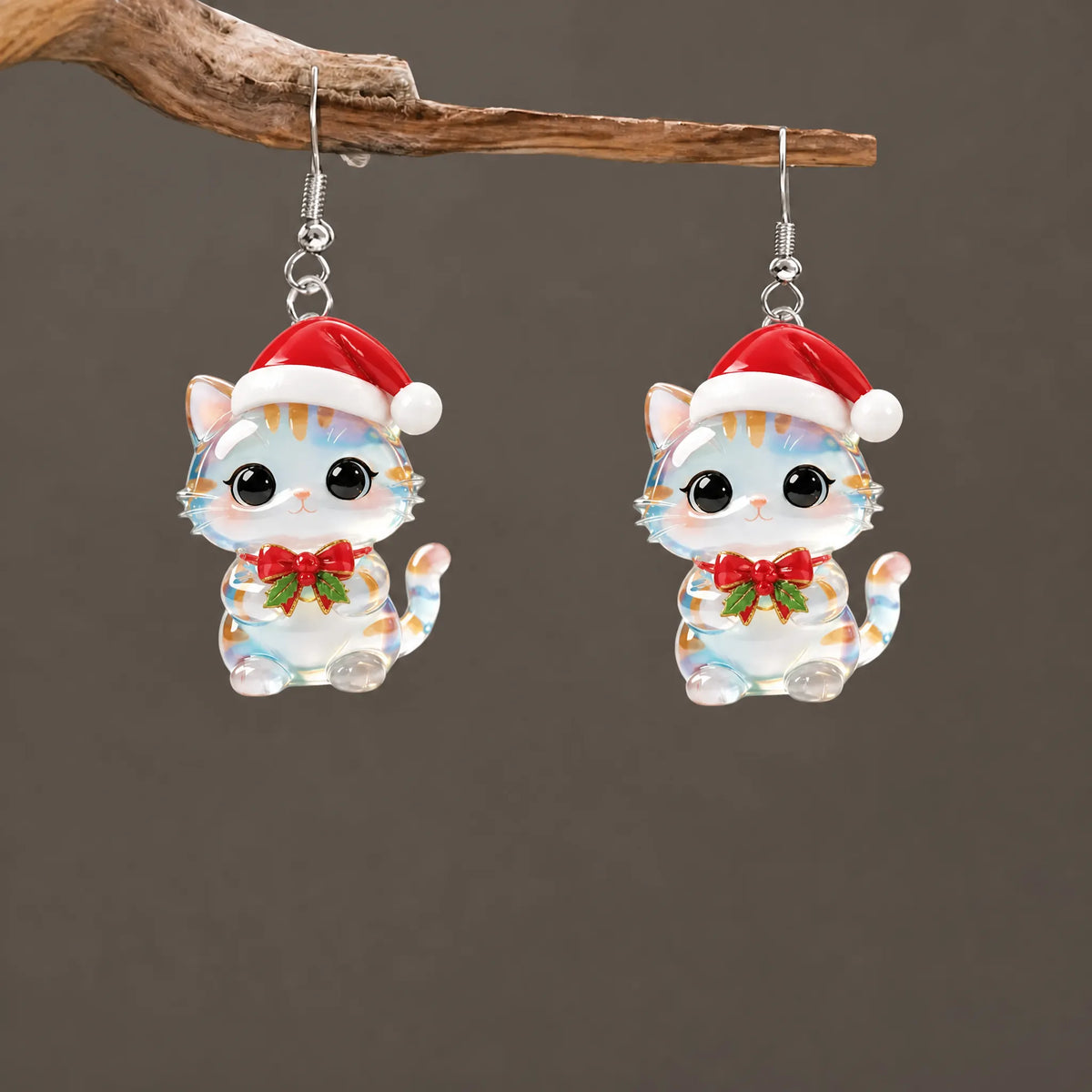 Christmas Clear Cat Dangle Earrings