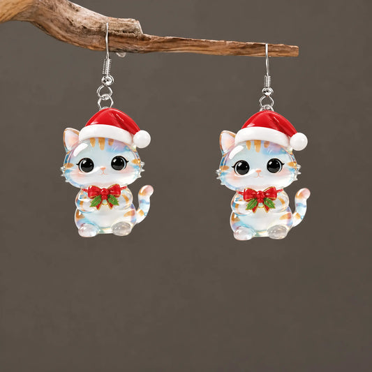 Christmas Clear Cat Dangle Earrings