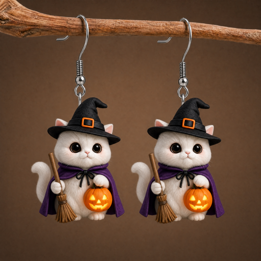 Witch White Cat Pumpkin Halloween Earrings