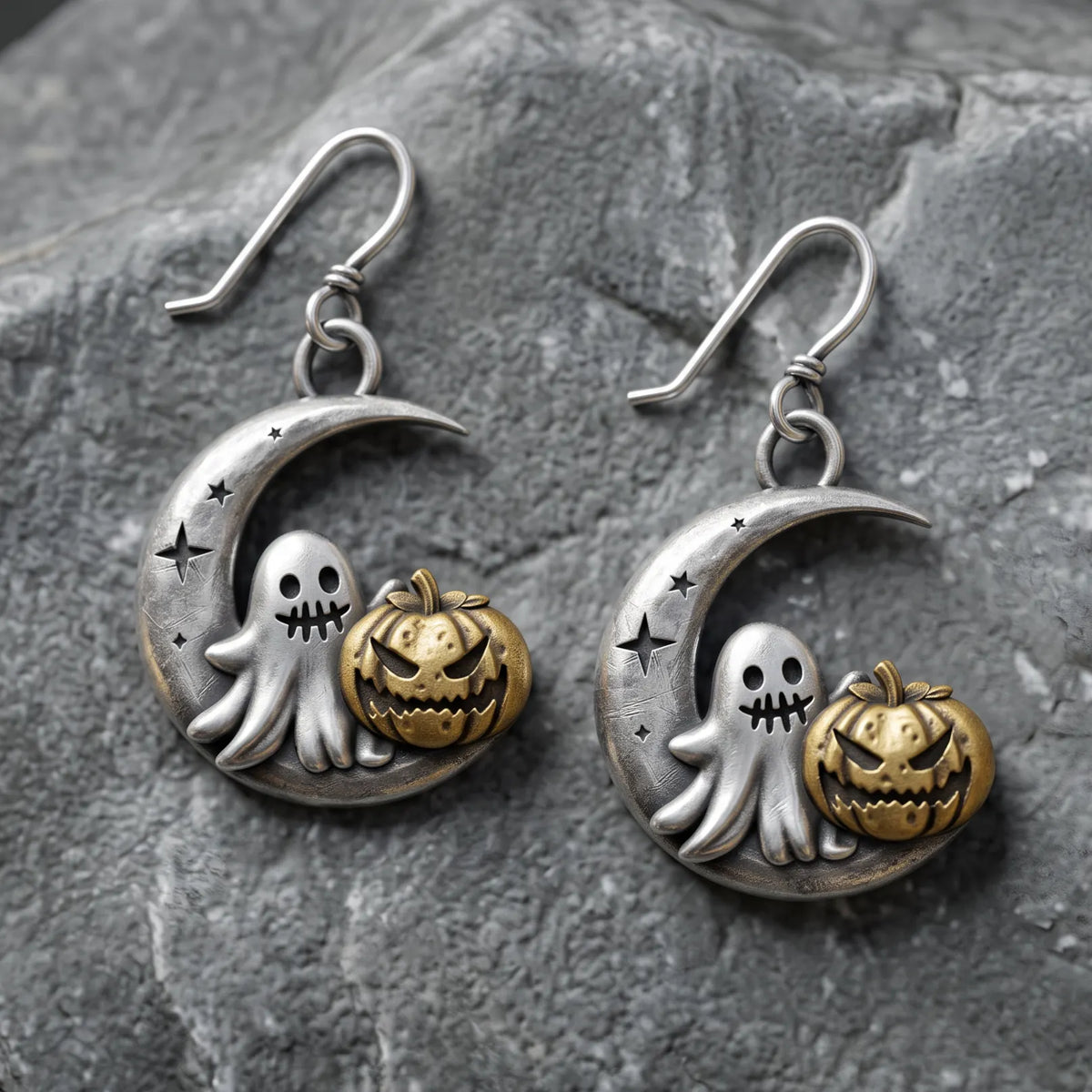Vintage Crescent Moon Ghost Jack O Lantern Dangle Earrings