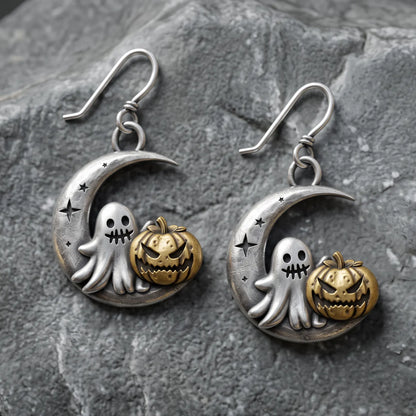 Vintage Crescent Moon Ghost Jack O Lantern Dangle Earrings