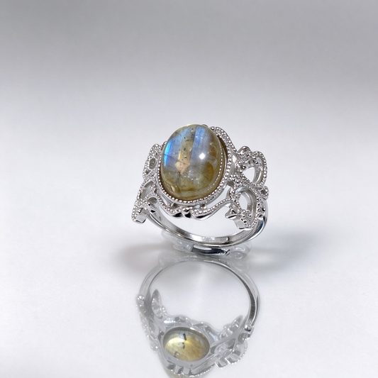 Natural Grey Moonstone Vintage Hollow Ring, S925 Labradorite Statement Ring for Women